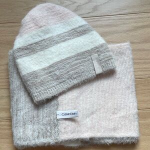 Calvin Klein Fuzzy Coordinated Pink, Almond & White Hat & Neck Scarf Wrap